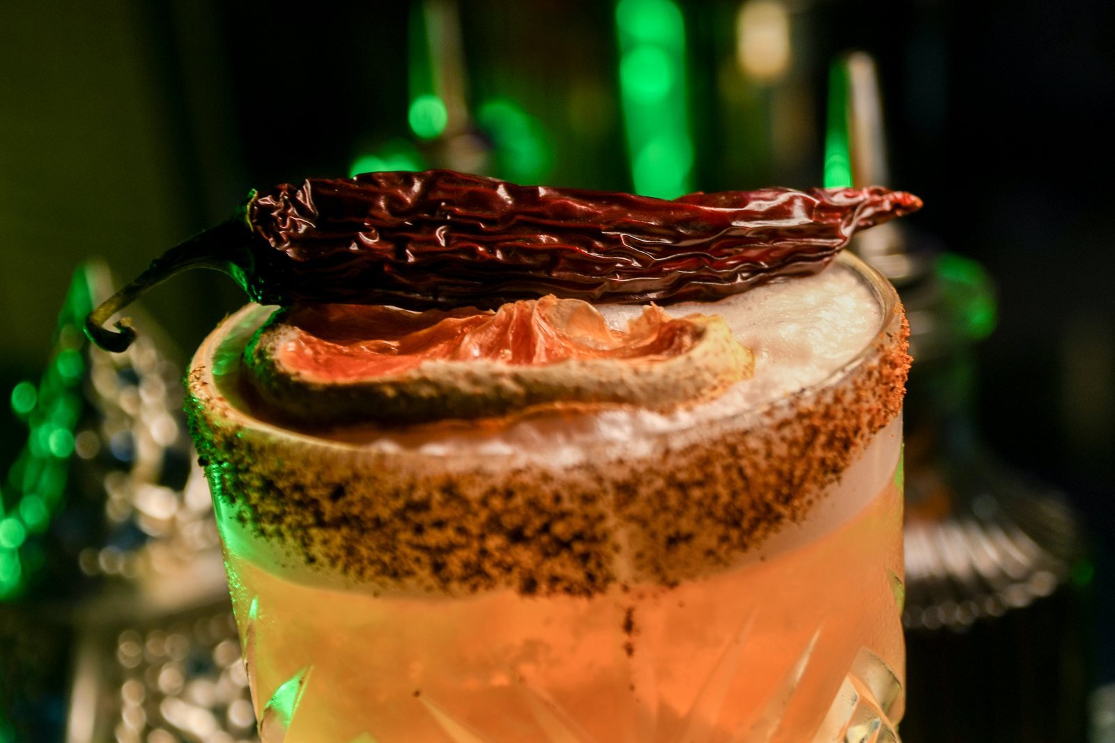 Cocktail bar in Marrakech: signature cocktail with dried chili and spiced rim at Matrix Lounge